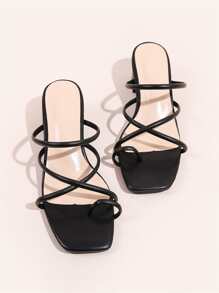 Toe Loop Cross Strap Chunky Heeled Mule Sandals