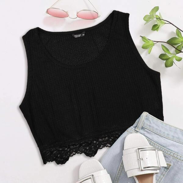 

Plus Contrast Lace Hem Crop Tank Top, Black