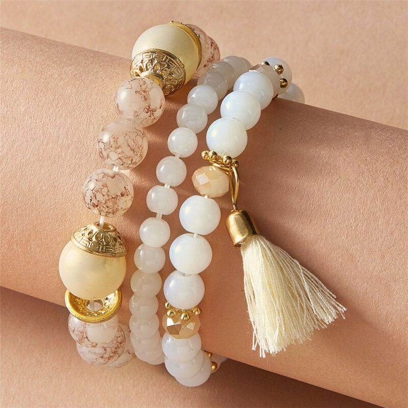 

3pcs Tassel Beaded Bracelet, Beige