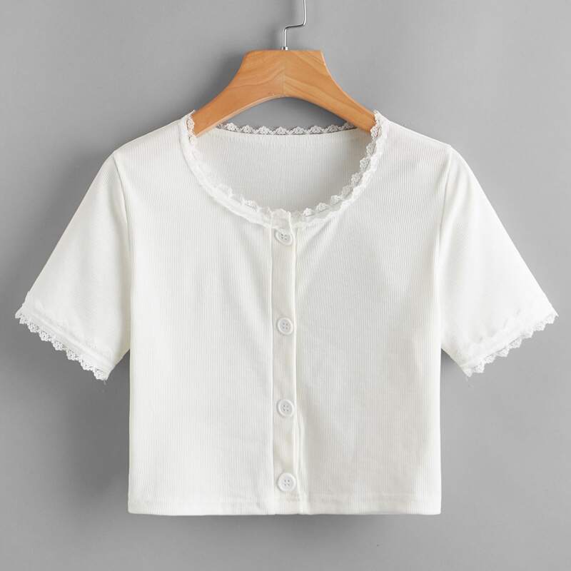 

Contrast Lace Button Front Crop Tee, White