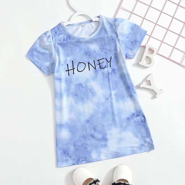 

Toddler Girls Letter Graphic Tee Dress, Blue and white