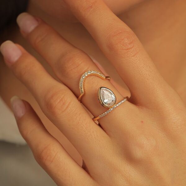 

2pcs Rhinestone Waterdrop Decor Ring, Gold