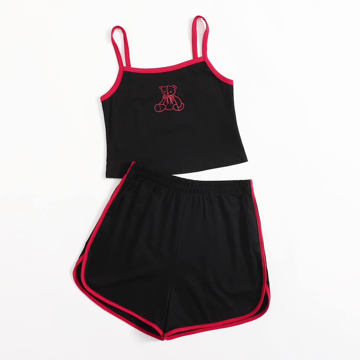 

Bear Graphic Ringer Cami & Dolphin Shorts, Black