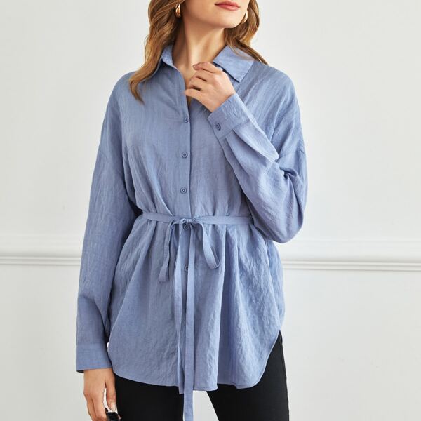 

Drop Shoulder Curved Hem Belted Blouse, Blue