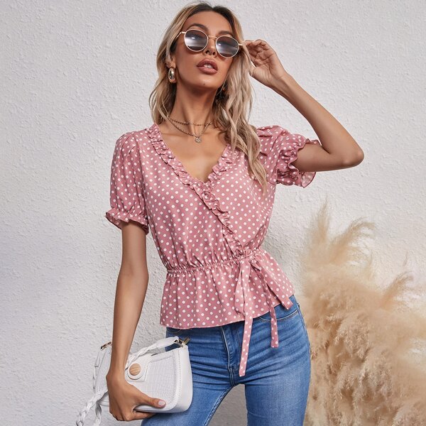 

Frill Trim Tie Front Polka Dot Top, Dusty pink