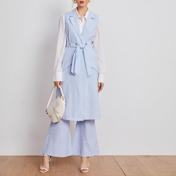 

Lapel Collar Striped Grommet Belted Vest Without Blouse & Flare Leg Pants Set, Blue and white