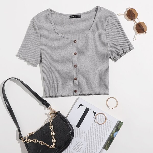

Button Front Rib-knit Tee, Light grey