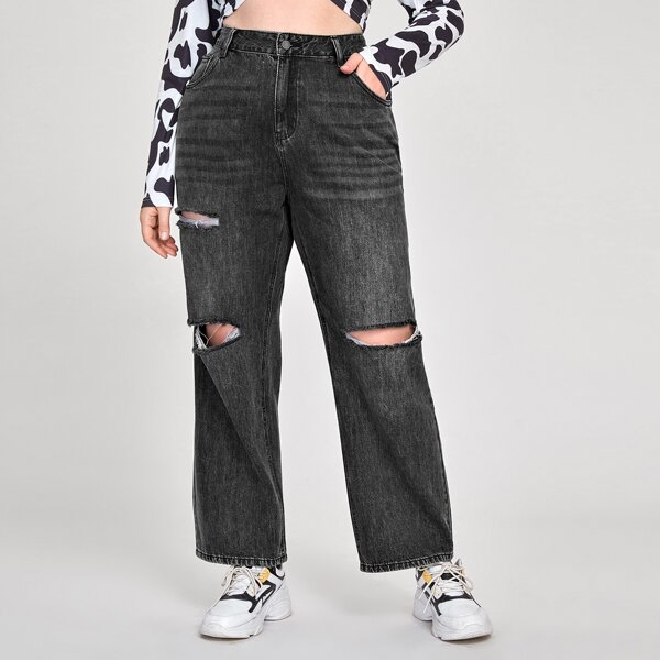 

Plus High Waist Ripped Straight Leg Jeans, Dark grey