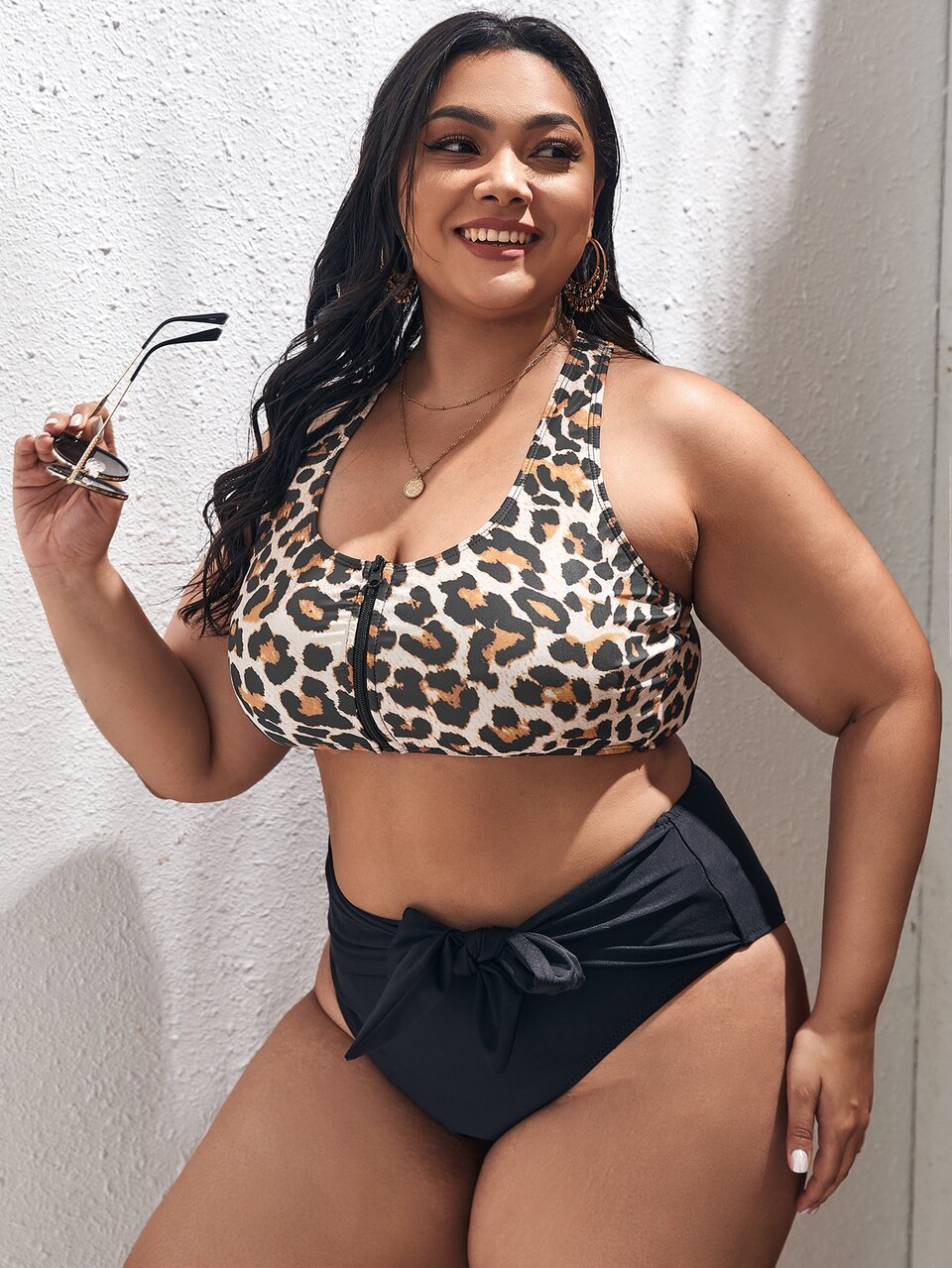 Plus Leopard Zipper Bikini Top
