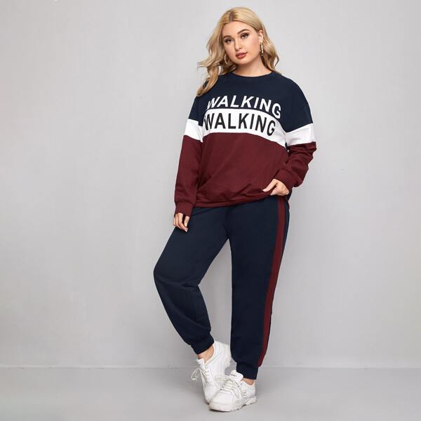 

Plus Colorblock Letter Graphic Pullover & Sweatpants Set, Multicolor