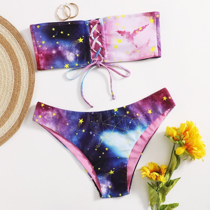 

Galaxy Print Lace-up Bikini Swimsuit, Multicolor