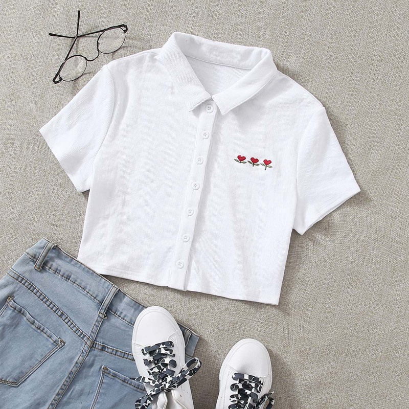 

Button Front Floral Embroidery Top, White