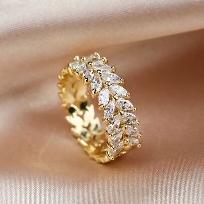 Vanel 1入組時尚爪鑲超閃亮方晶鋯石葉形裝飾戒指，適合日常佩戴和約會裝飾