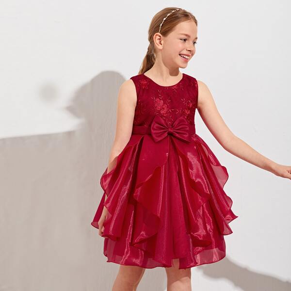 

Girls Embroidery Bow Front Tie Back Party Dress, Burgundy
