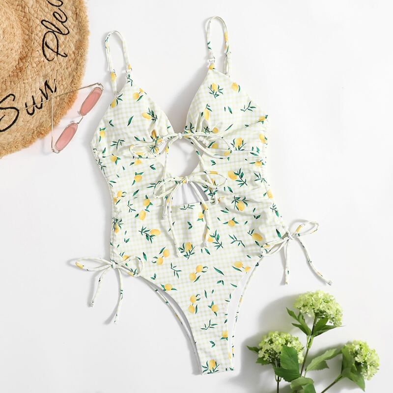 

Lemon Print Cut Out Drawstring One Piece Swimsuit, Multicolor