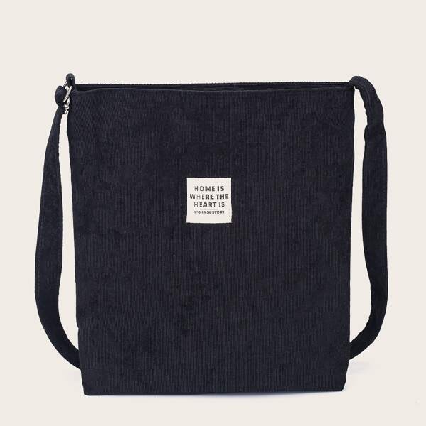 

Letter Patch Corduroy Crossbody Bag, Black