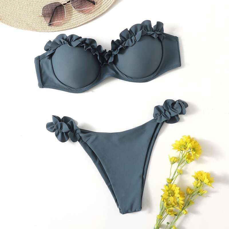 

Solid Frill Trim Push Up Bikini Swimsuit, Grey