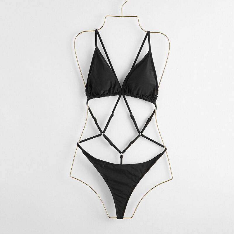 

Solid Triangle One Piece Swimsuit, Black
