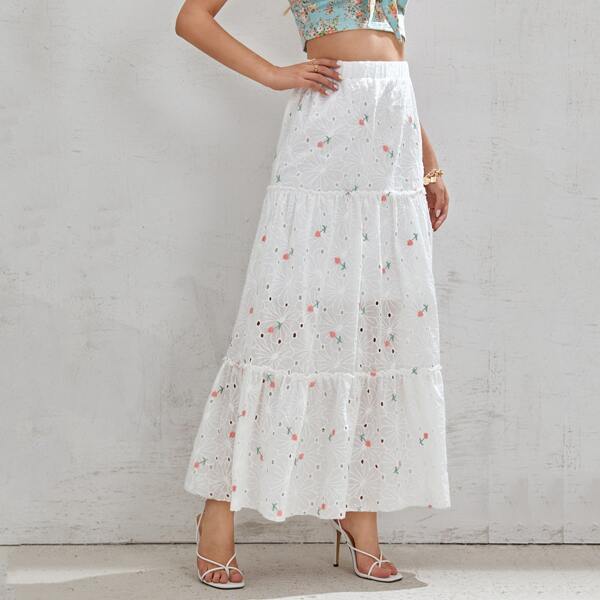 

High Waist Eyelet Embroidered Floral Skirt, White