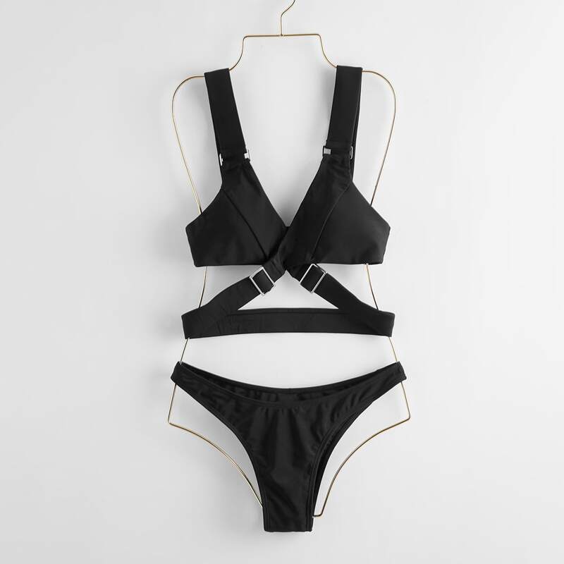 

Solid Criss Cross High Cut Bikini Swimsuit, Black