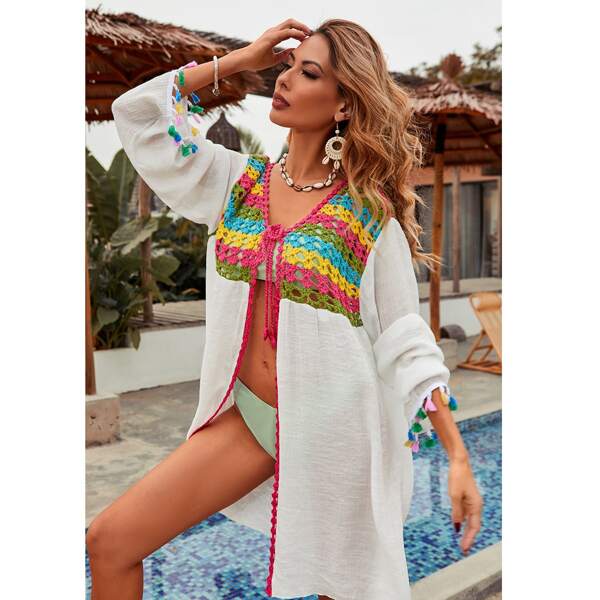 

Crochet Detail Tie Front Kimono, Multicolor