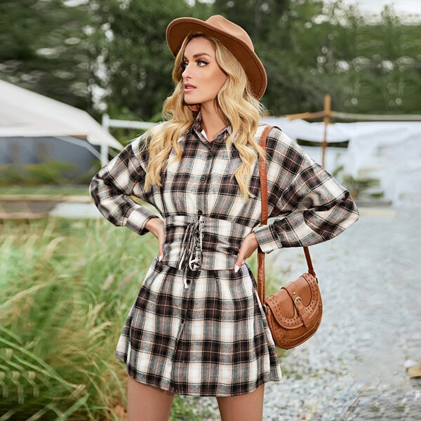 

Plaid Corset Waist Shirt Dress, Multicolor