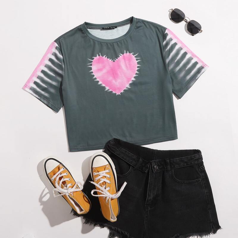 

Heart Print Tie Dye Tee, Grey