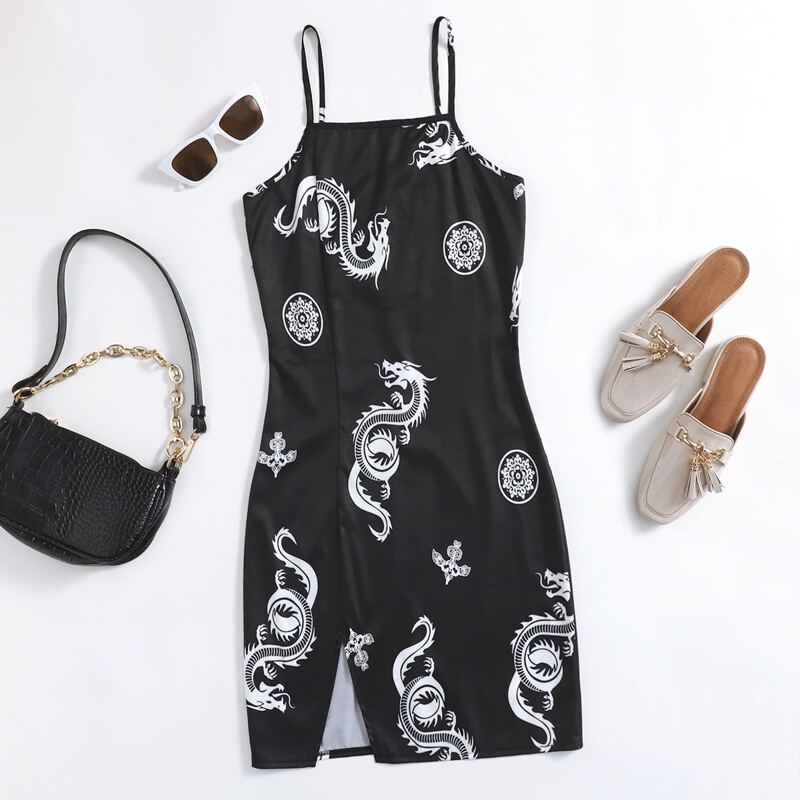 

Chinese Dragon Print Cami Dress, Black