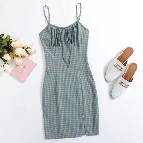 

Tie Front Ruched Bust Plaid Dress, Multicolor