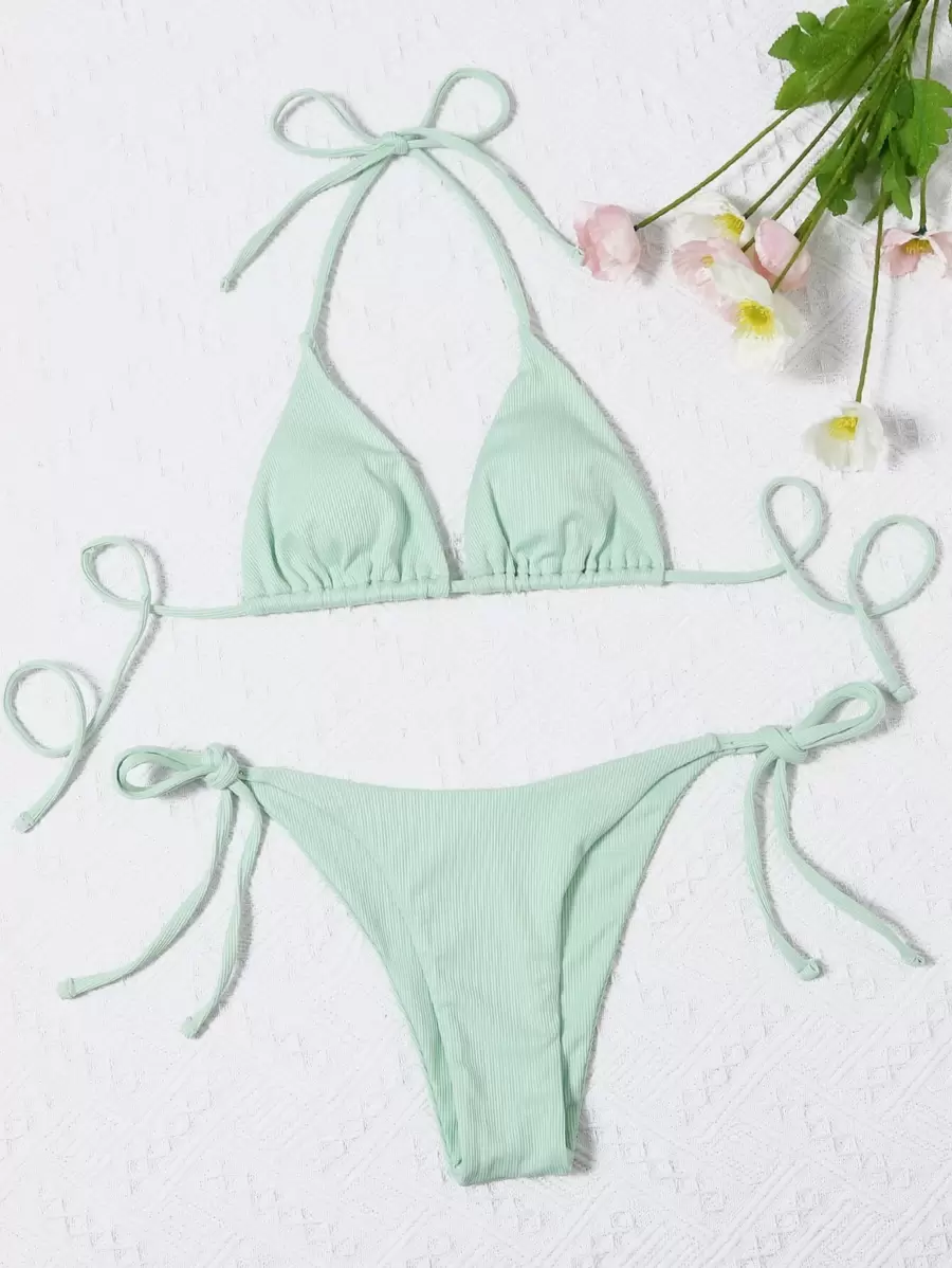 SHEIN Swim 夏季海滩单色比基尼套装吊带三角胸罩和系带侧底 2 件比基尼 - 薄荷綠 - 查看 1