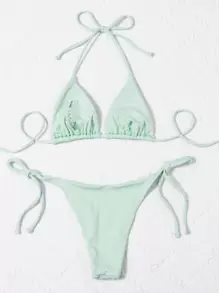 SHEIN Swim 夏季海滩单色比基尼套装吊带三角胸罩和系带侧底 2 件比基尼 - 薄荷綠 - 查看 2
