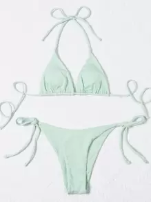 SHEIN Swim 夏季海滩单色比基尼套装吊带三角胸罩和系带侧底 2 件比基尼 - 薄荷綠 - 查看 3