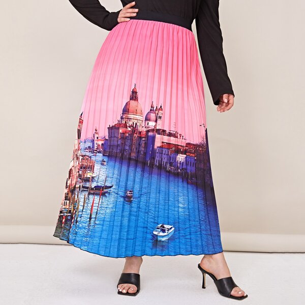 

Plus Building Print Colorblock Pleated Skirt, Multicolor