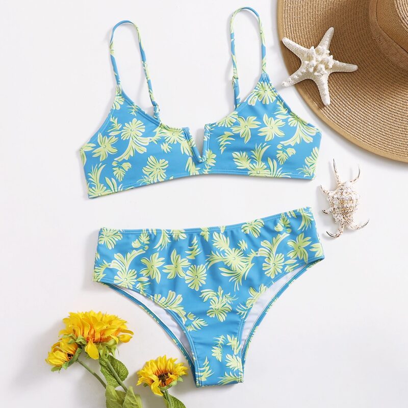 

Flower Print V Wired Bikini Swimsuit, Blue