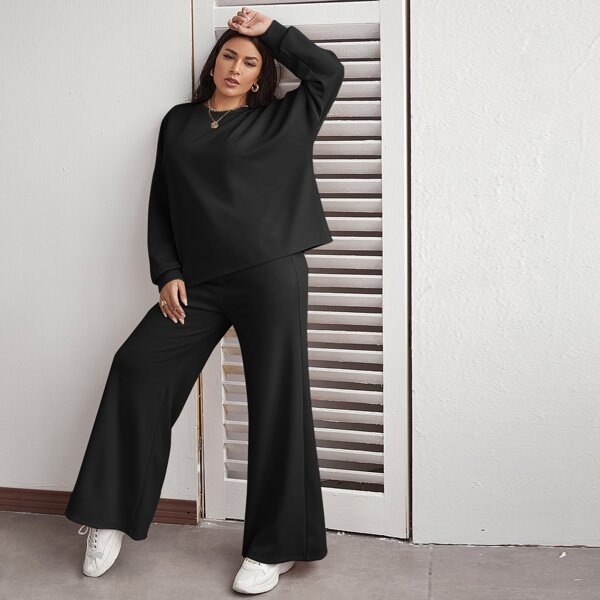 

Drop Shoulder Oversize Top & Wide Leg Pants Set, Black