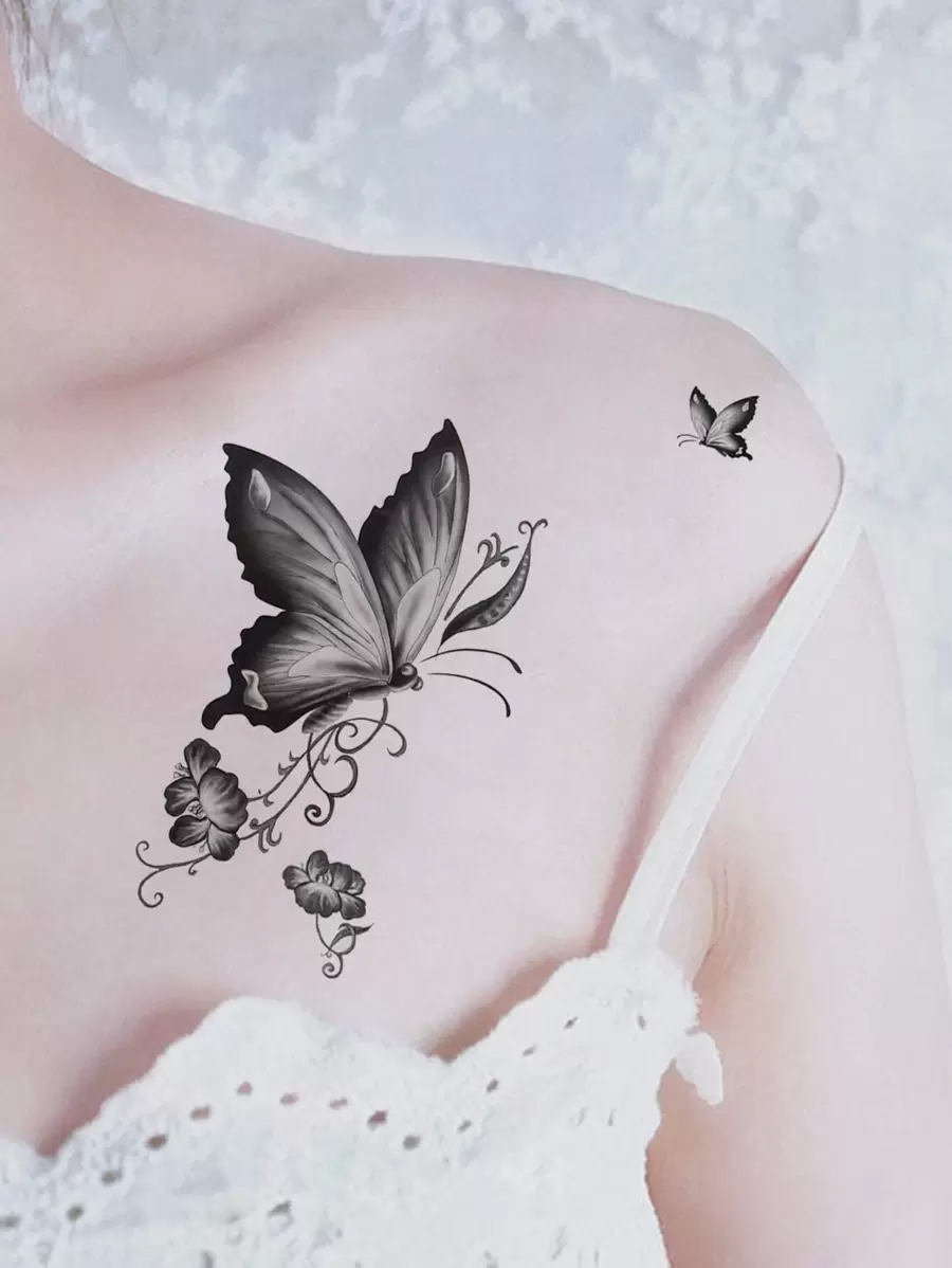 防水纹身贴纸，1 张蝴蝶印花女士临时纹身，成人动物纹身贴纸，逼真的假纹身，适合男士、女士和女孩 - 黑色 - 查看 1
