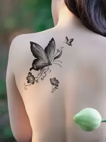 防水纹身贴纸，1 张蝴蝶印花女士临时纹身，成人动物纹身贴纸，逼真的假纹身，适合男士、女士和女孩 - 黑色 - 查看 2