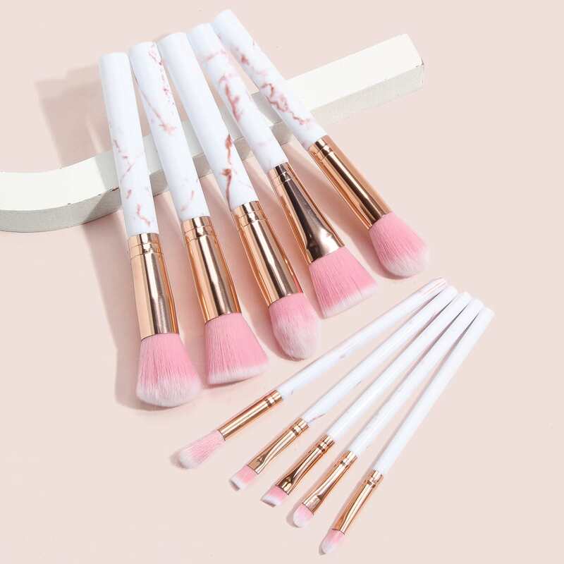 

10pcs Marble Pattern Makeup Brush Set With Tube, Pink