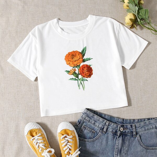 

Floral Print Crop Tee, White