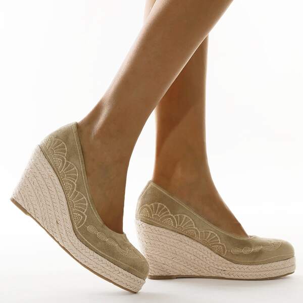 

Embroidered Espadrille Heeled Court Wedges, Khaki