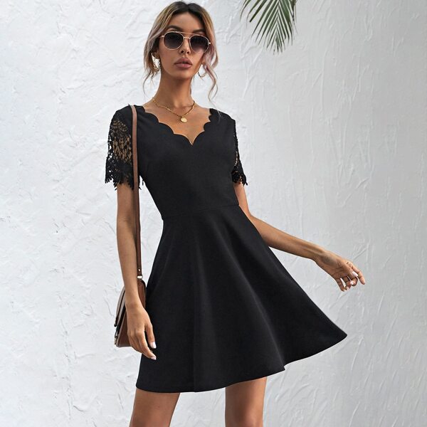 

Scallop Trim Neck Guipure Lace Sleeve Dress, Black