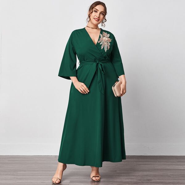 

Plus Floral Patched Wrap Belted Dress, Dark green