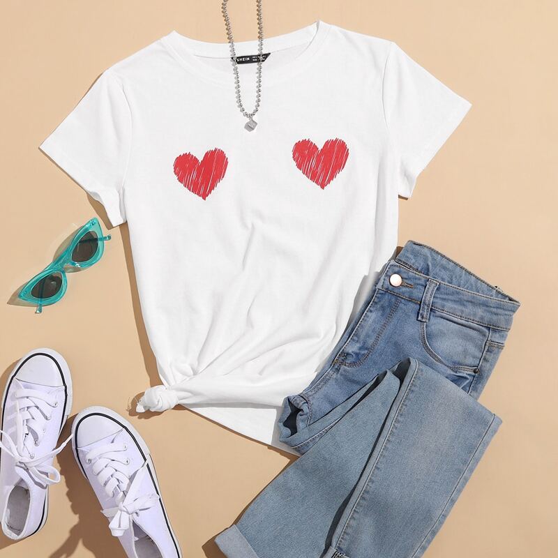 

Heart Print Short Sleeve Tee, White