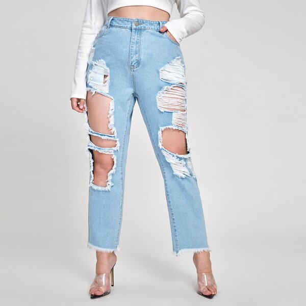 

Plus High Waist Ripped Raw Hem Jeans, Light wash
