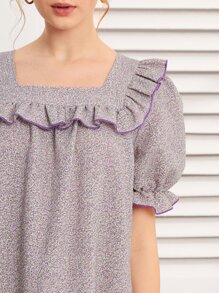 Modelyn Ditsy Floral Ruffle Trim Flounce Sleeve Long Night Dress, Moo Moo Sleep Dress, Fall - Multicolor - View 3