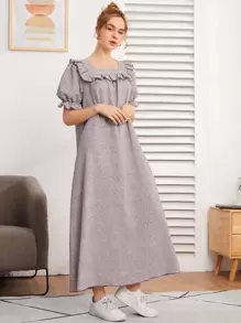 Modelyn Ditsy Floral Ruffle Trim Flounce Sleeve Long Night Dress, Moo Moo Sleep Dress, Fall - Multicolor - View 5