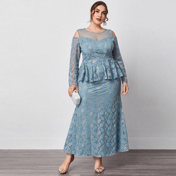 

Plus Cut Out Contrast Lace Ruffle Fitted Dress, Dusty blue