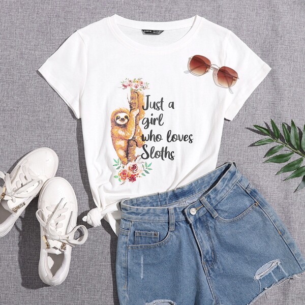 

Slogan & Floral Print Short Sleeve Tee, White