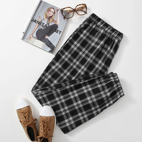 

Plus Plaid Print Elastic Waist Tapered Pants, Black