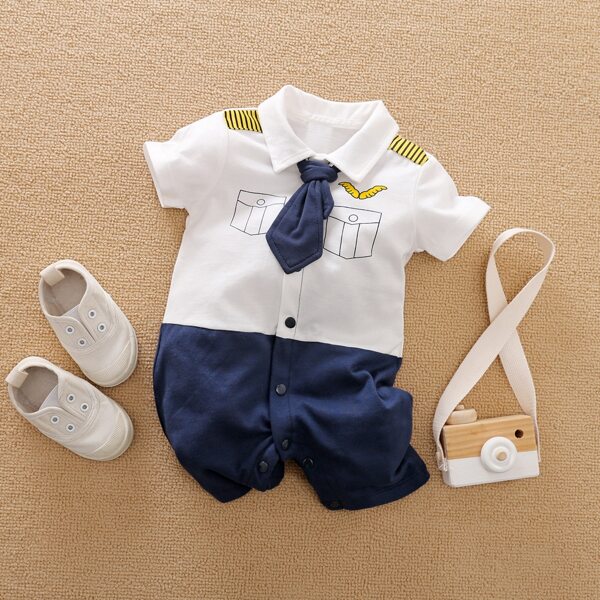

Baby Boy Color Block Graphic Print Romper, Blue and white